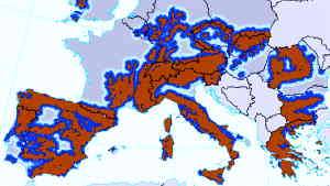 Z rjavo barvo so označena gorata območja v naštetih evropskih državah